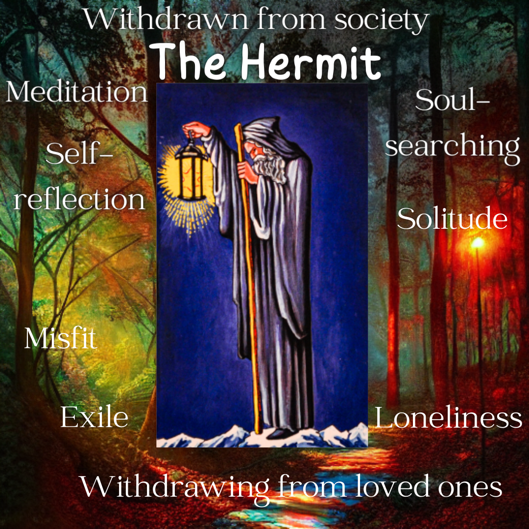 hermit tarot meaning, tarot hermit meaning, hermit meaning, meaning of the hermit tarot card, hermit flashcard, hermit tarot flashcard, tarot cheat sheet
