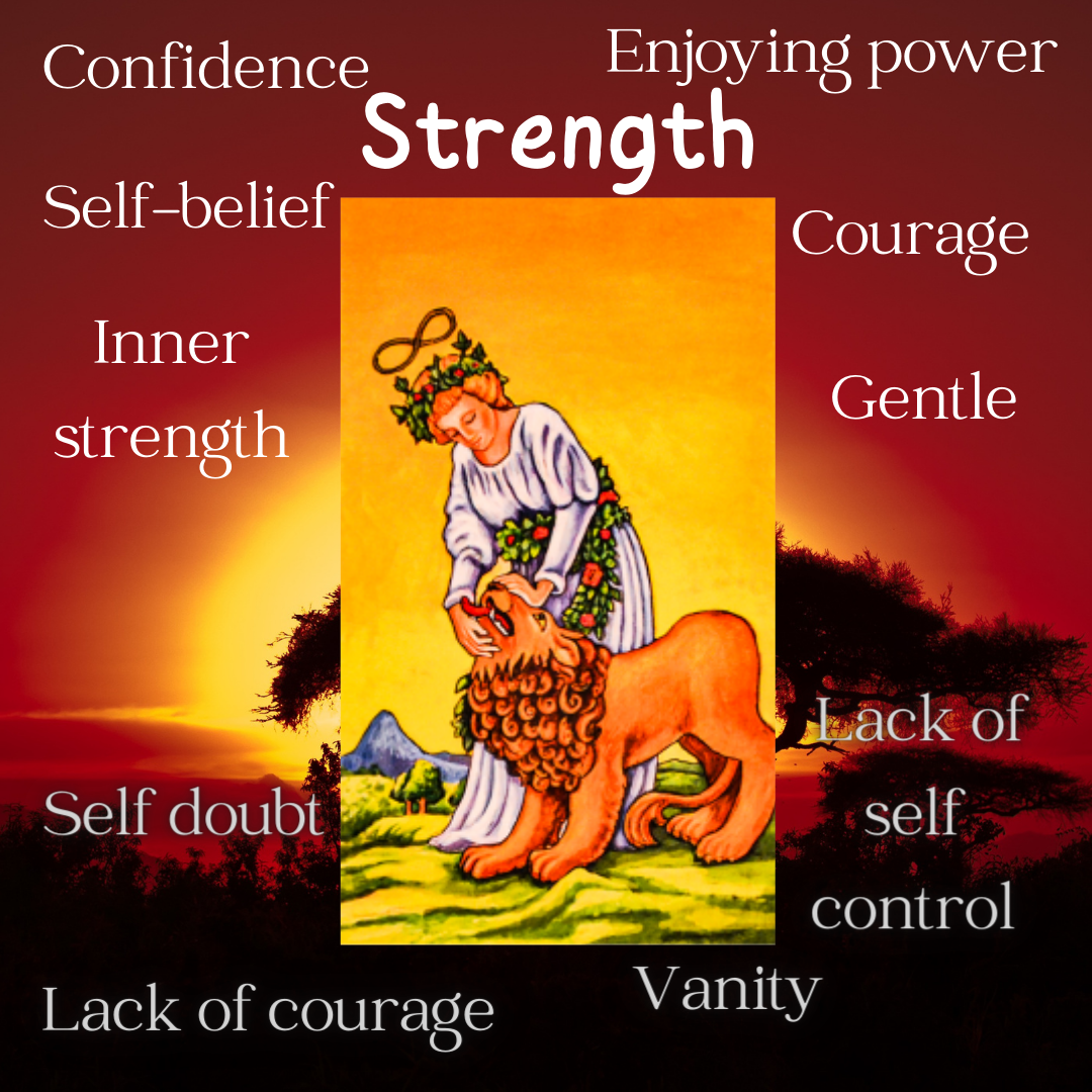 strength tarot meaning, tarot strength meaning, strength meaning, meaning of the strength tarot card, strength flashcard, strength tarot flashcard, tarot cheat sheet